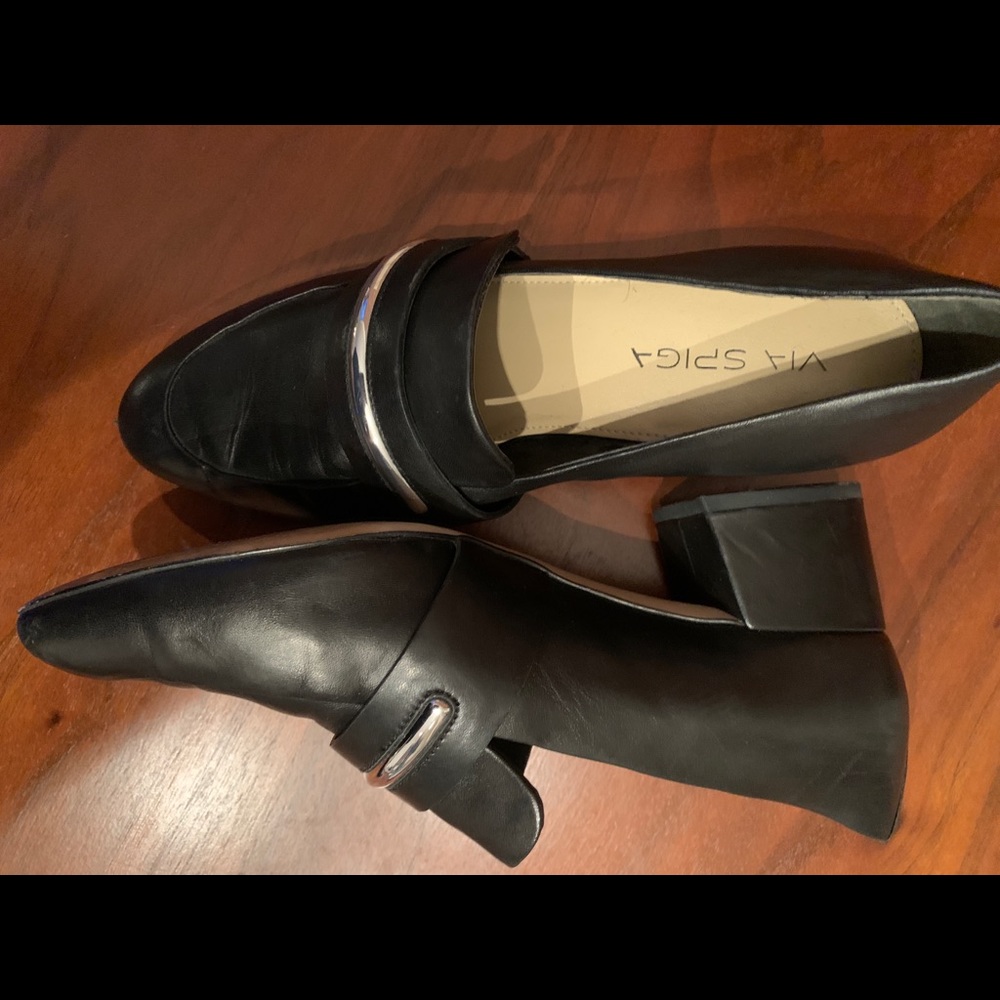 Via Spiga Black Loafers - leather - mule style - heeled loafer